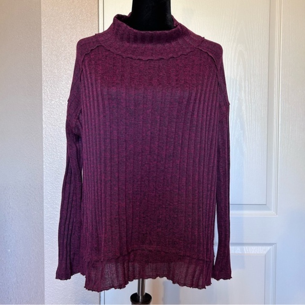 Free People Marled Burgundy and Black Ribbed Cowl Neck Sweater‎ Size SP